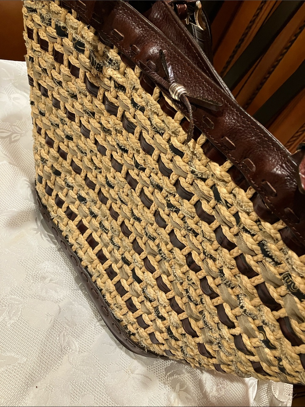 Woven Raffia and Brown Leather Tote By Brighton